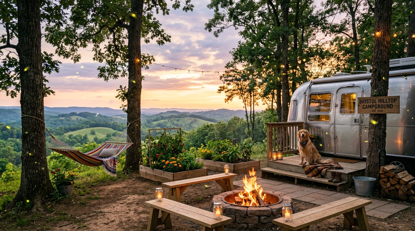 Panoramic view of country life on the hilltop overlooking rolling Appalachian mountains and mist in Bristol Tennessee