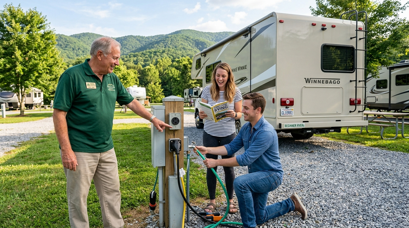 Campground host helping first-time RV campers