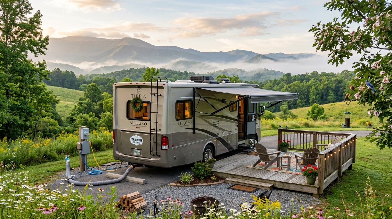 RV at a full hookup lot in East Tennessee mountains