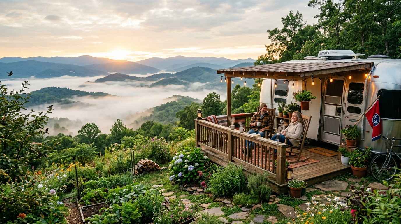 Panoramic long-term RV living campsite in Bristol TN with a travel trailer parked overlooking lush green Appalachian mountain ridges
