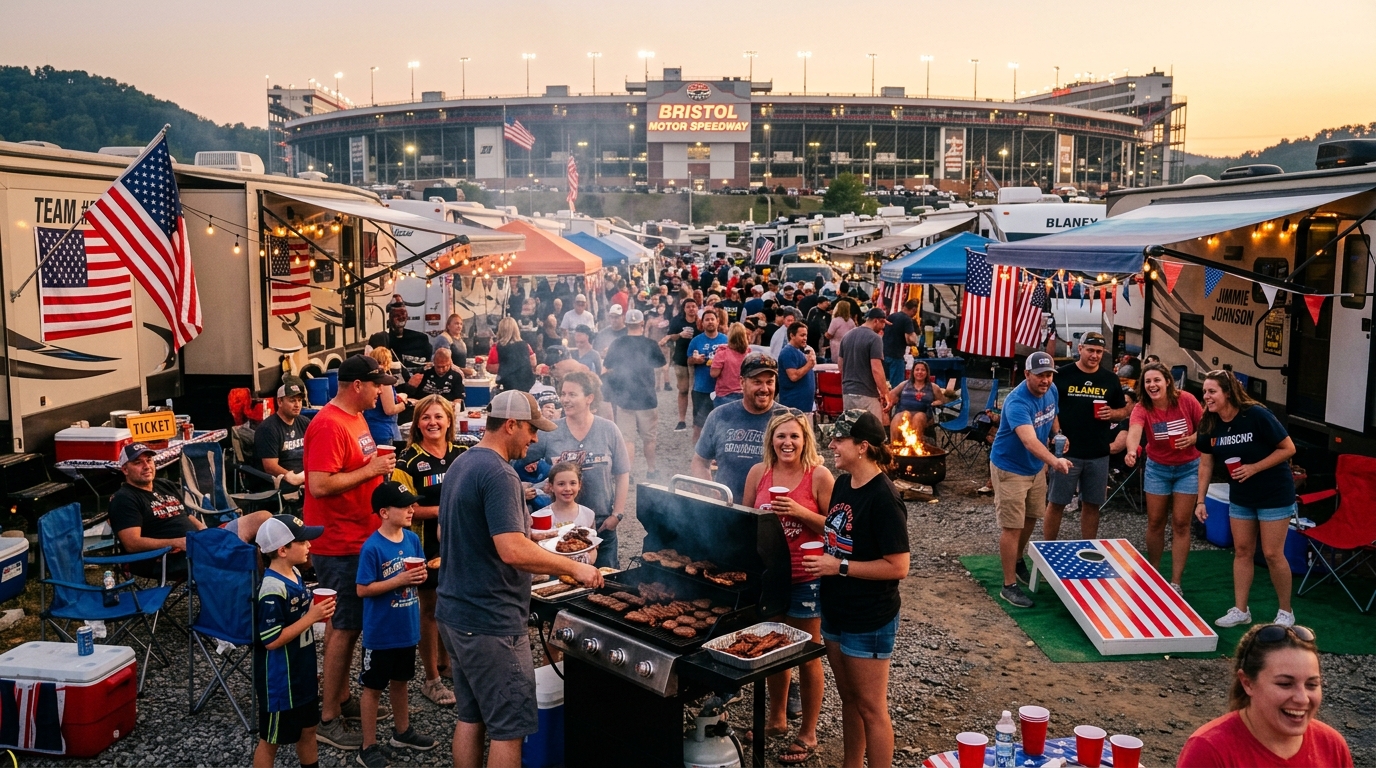 Smoked barbecue ribs, pulled pork, and tailgate grilling feast at a campsite overlooking Bristol Motor Speedway