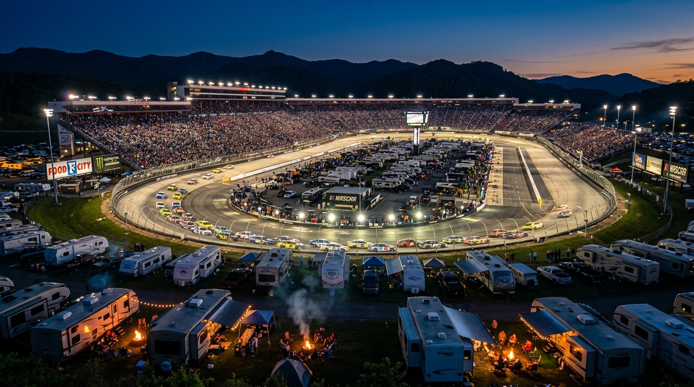 RVs camping near Bristol Motor Speedway at night